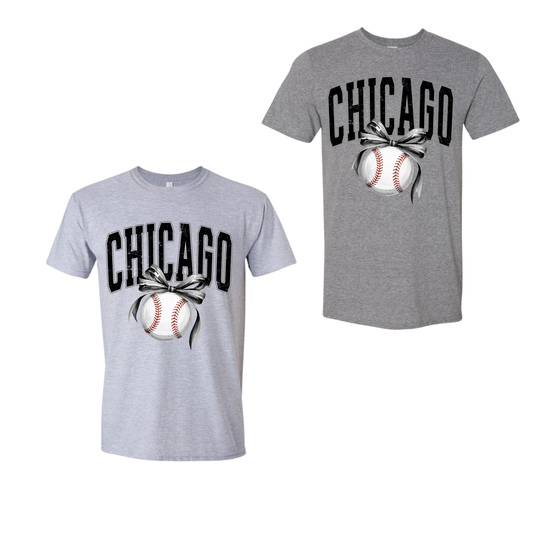 Black and White Chicago Baseball with Bow - ADULT T-shirt and Sweatshirt
