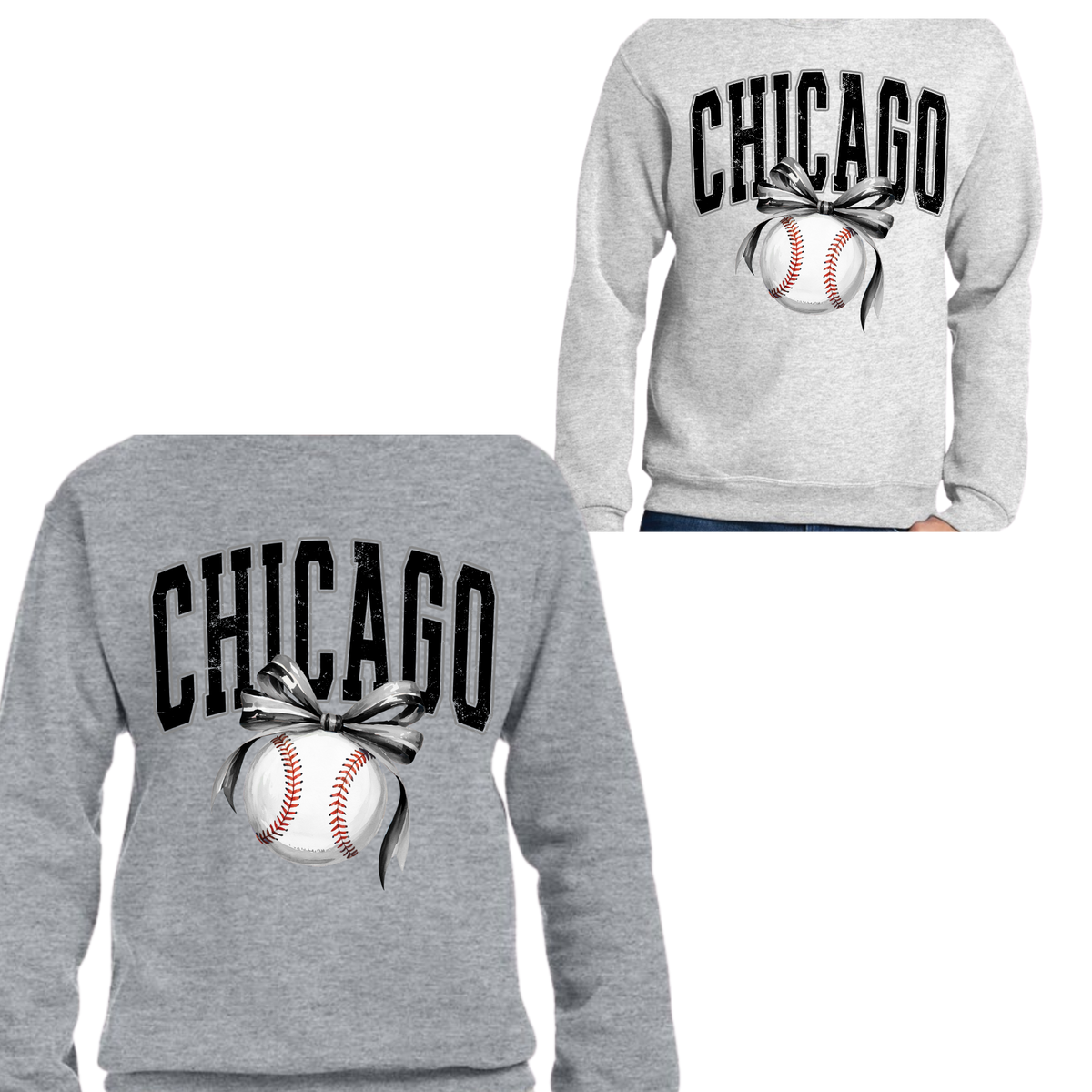 Black and White Chicago Baseball with Bow - ADULT T-shirt and Sweatshirt
